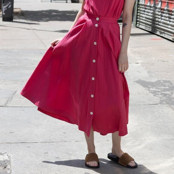 Ilana Kohn Pink Berry Punch Button Front Seersucker Peter Midi Skirt - 1X - Picture 1 of 12